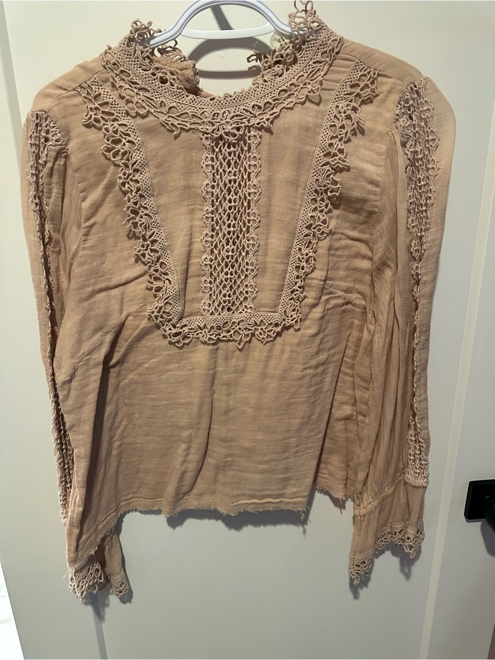 Free People Crochet-Trim Long Sleeve Blouse in Beige-Taupe - Picture 1 of 4